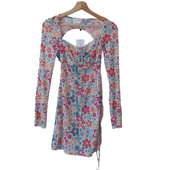 NWT Lovers + Friends Hello Daisy Mini Dress Womens Small Floral Mesh Long Sleeve - Picture 4 of 11